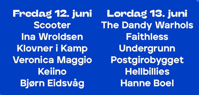 Artister til Sommerbris 2026 fordelt på dager.